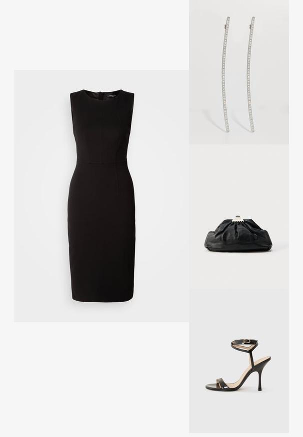 MARCIANO BY GUESS ZIP MIDI DRESS - Jerseykjole - black; Sorte patentlæder højhælede sandaler med tynd ankelrem og spænde, åben tå og slank stiletto hæl på hvid baggrund.; Sort læderclutch med en samlet tekstur, metal lukning og diskret præget logo på forsiden. Rundet form.; Sølvfarvede, aflange øreringe med buet design, der har en række klare krystaller langs de ydre kanter for ekstra glans.