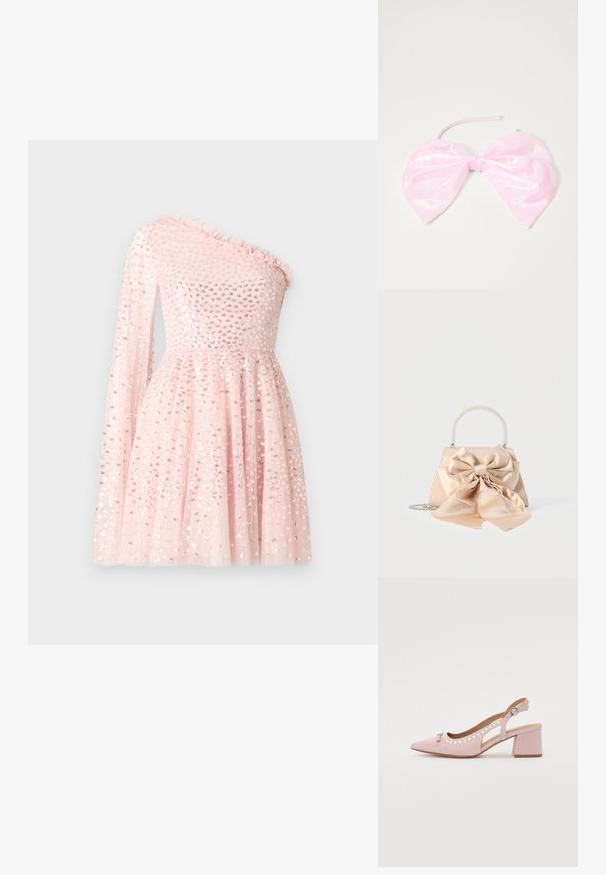 Robe rose à une épaule avec une longue manche transparente, décorée de paillettes, avec un col froncé et une jupe évasée.; Escarpin rose à bride arrière avec un bout pointu, tige en tissu, découpes arrondies, accents de perles et talon large. Présente un détail de boucle latérale.; Sac à main en satin beige avec un grand nœud décoratif assorti, une poignée ornée de perles et une bandoulière en chaîne argentée sur fond blanc.; Accessoire capillaire rose et brillant en forme de grand nœud, avec une texture lisse et une fine sangle pour le maintenir en place.