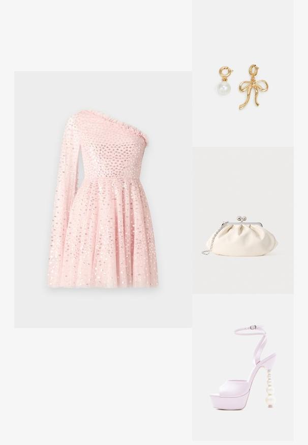 Robe rose à une épaule avec une longue manche transparente, décorée de paillettes, avec un col froncé et une jupe évasée.; Sandale à talon haut lavande avec semelle plateforme, bride à la cheville, et un design unique de sphère perlée sur le talon sur fond blanc.; Pochette en tissu crème avec un design froncé, cadre en métal argenté, deux boules décoratives, et une bandoulière chaîne argentée.; Boucles d'oreilles dorées en incorporant une perle ronde et un charm en forme de nœud. La perle a une texture lisse, tandis que le design du nœud est élégant et poli.