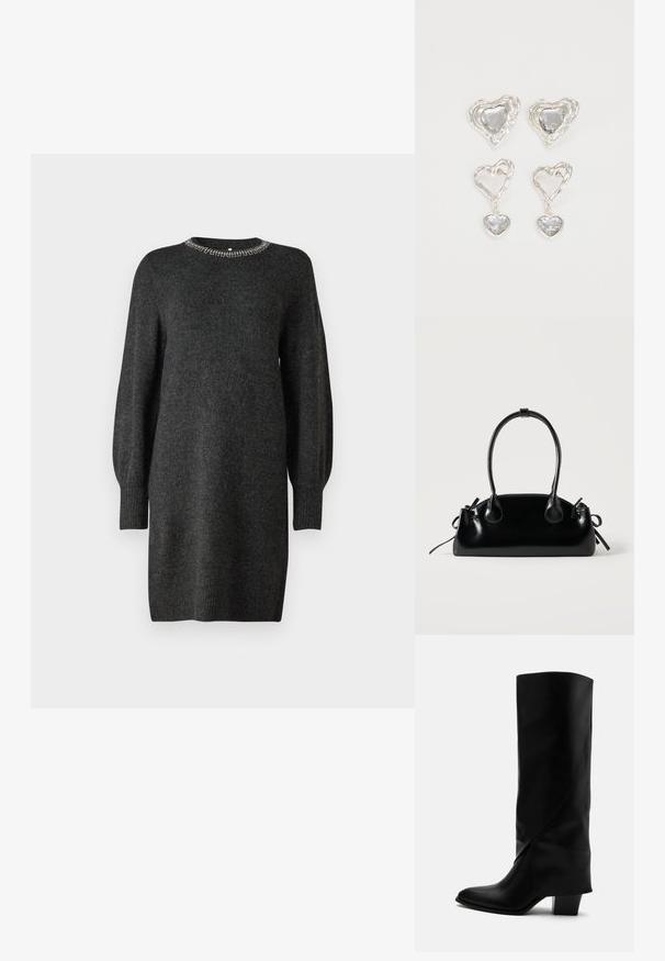 Robe tricotée gris foncé avec un décolleté rond orné d'accents métalliques. Présente des manches longues légèrement bouffantes et des poignets côtelés.; Botte haute en cuir noir avec couture inclinée, bout pointu et talon épais de taille moyenne sur fond blanc.; Petit sac à main noir brillant avec deux longues anses et des détails à cordon sur les côtés sur un fond clair uni.; Des boucles d'oreilles en argent en forme de cœur présentent des pierres claires facettées, avec un cadre texturé. L'ensemble comprend des styles à clou et des styles pendants.