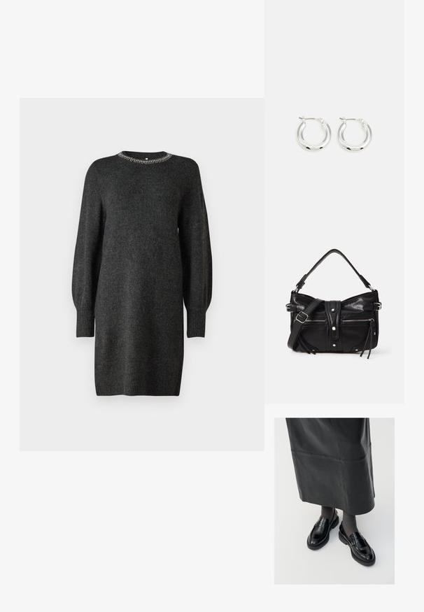 Robe tricotée gris foncé avec un décolleté rond orné d'accents métalliques. Présente des manches longues légèrement bouffantes et des poignets côtelés.; Mocassins en cuir noir avec une finition lisse, ornés d'une bande décorative, à bout rond et avec une semelle texturée. Portés avec une longue jupe en cuir noir.; Even&Odd by Zalando H24462 - Sac à main - black; Boucles d'oreilles en argent avec une finition polie, présentant une forme circulaire et une fermeture à charnière. Texture lisse avec un minimum de détails.