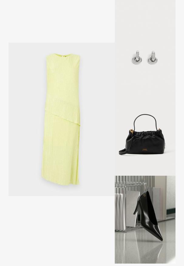 Vestido amarillo sin mangas con una textura acanalada, dobladillo asimétrico y abertura lateral. Presenta un escote redondo y un cierre trasero oculto.; Zapato de tacón alto negro con punta afilada y logo dorado, colocado sobre una superficie reflectante cerca de un organizador de archivos de alambre cromado con documentos.; Bolso de piel negra con parte superior fruncida, una asa corta y una correa de hombro removible. Presenta un acento de logo dorado y una textura suave.; Par de pequeños pendientes de aro plateados brillantes con base redonda, exhibidos sobre un fondo claro y liso.