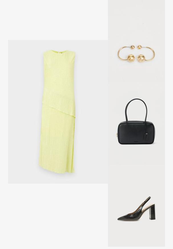 Robe jaune sans manches avec une texture ondulée, ourlet asymétrique et fente latérale. Il possède un col rond et un fermoir discret dans le dos.; Chaussure slingback en cuir noir à bout pointu avec un talon bloc haut et une doublure intérieure beige sur un fond clair uni.; Sac à main rectangulaire noir avec doubles poignées arrondies, fermeture éclair dorée et logo "HUGO" embossé sur le devant avec une étiquette en cuir attachée.; Boucles d'oreilles en métal doré présentant un design circulaire avec deux sphères, l'une plus grande et texturée, et une petite boule polie en haut.