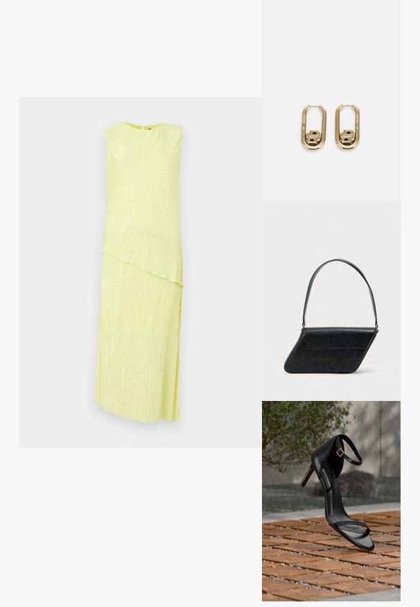 Robe jaune sans manches avec une texture ondulée, ourlet asymétrique et fente latérale. Il possède un col rond et un fermoir discret dans le dos.; Sandale noire à talon haut avec sangle à la cheville, suspendue au-dessus d'un sol en carreaux de bois à l'extérieur, avec un arrière-plan flou de verdure et de pierre.; Sac d'épaule en cuir noir de forme triangulaire, avec un logo embossé et une seule bandoulière réglable. Design minimaliste avec une texture lisse.; BOSS DOUBLE B SWING - Boucles d'oreilles - gold-coloured