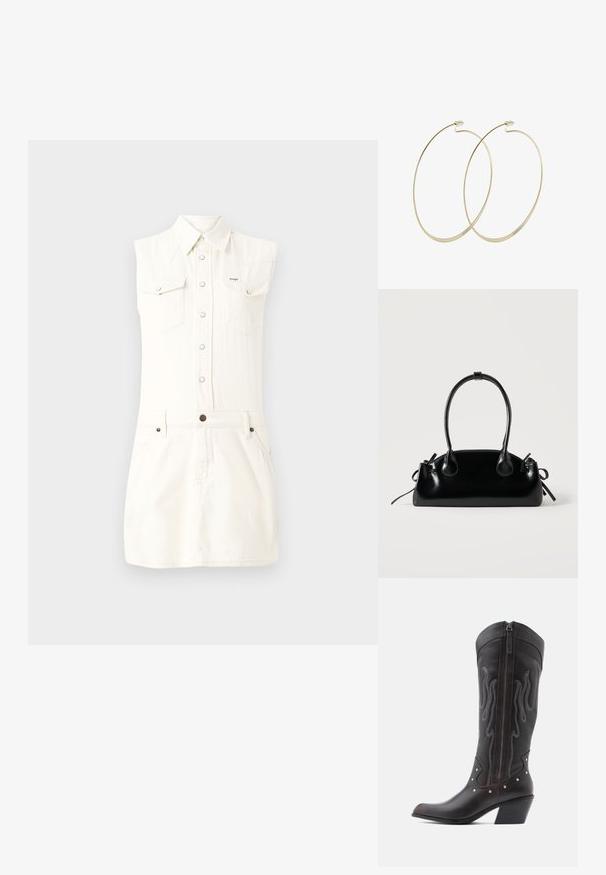 Mouwloze witte denim jurk met twee voorzakken, een knoopsluiting en een aansluitende taille. Voorzien van een klassieke kraag en een lengte van een mini-jurk.; Bruine leren cowboylaarzen met vlamstiksels, zijrits, zilveren studs, spits toelopende neus en gestapelde hak.; Kleine zwarte glanzende handtas met twee lange hengsels en zijkant trekkoord details op een effen lichte achtergrond.; Pilgrim Oorbellen - gold-coloured