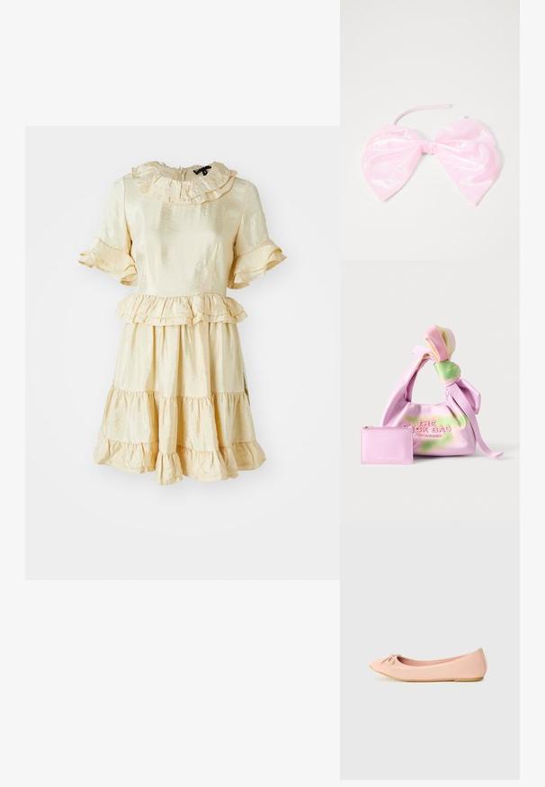 Vestido amarillo de satén con escote rizado y mangas cortas. Presenta una falda escalonada y detalles de volante. Textura suave y brillante.; Zapato plano de ballet en material sintético rosa claro con puntera redondeada, que presenta un pequeño detalle de lazo y una suela flexible.; Bolso de tela tie-dye en rosa y verde suave con asa anudada y un pequeño neceser de piel rosa a juego con cremallera al lado.; Accesorio para el cabello de color rosa y brillante con forma de gran lazo, con una textura suave y una delgada correa para asegurarlo en su lugar.