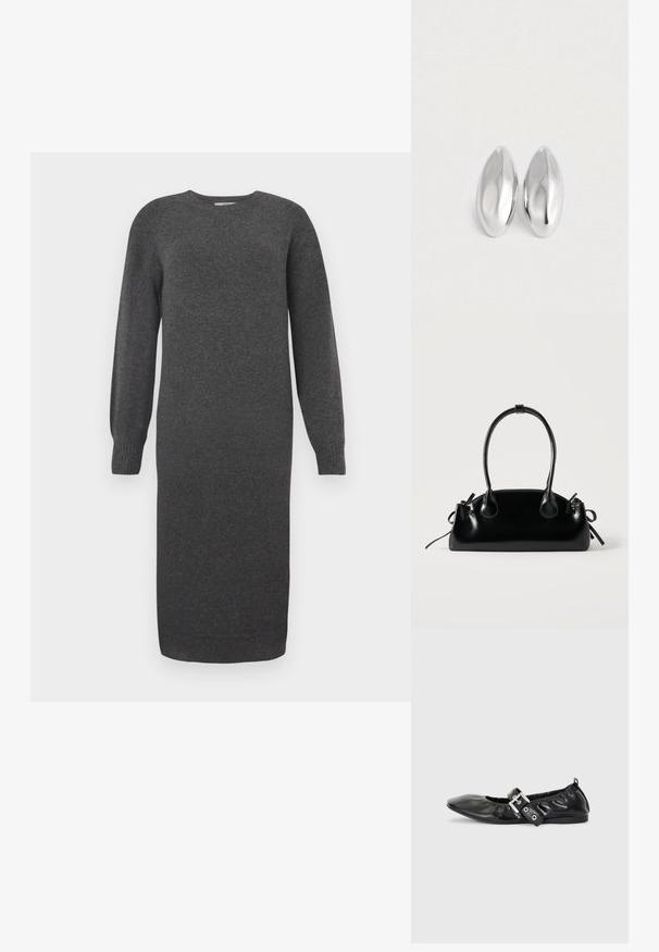 Vestido de punto gris oscuro con mangas largas, escote redondo y puños acanalados. Largo hasta la mitad de la pantorrilla y textura suave. Diseño sencillo sin patrones.; Zapato plano de piel negra con puntera afilada, detalle fruncido alrededor de la abertura y un acento de hebilla plateada en la correa ajustable.; Pequeño bolso negro brillante con dos asas largas y detalles de cordón lateral sobre un fondo claro liso.; Par de objetos ovalados de plata, lisos y brillantes, colocados uno al lado del otro sobre un fondo blanco puro.
