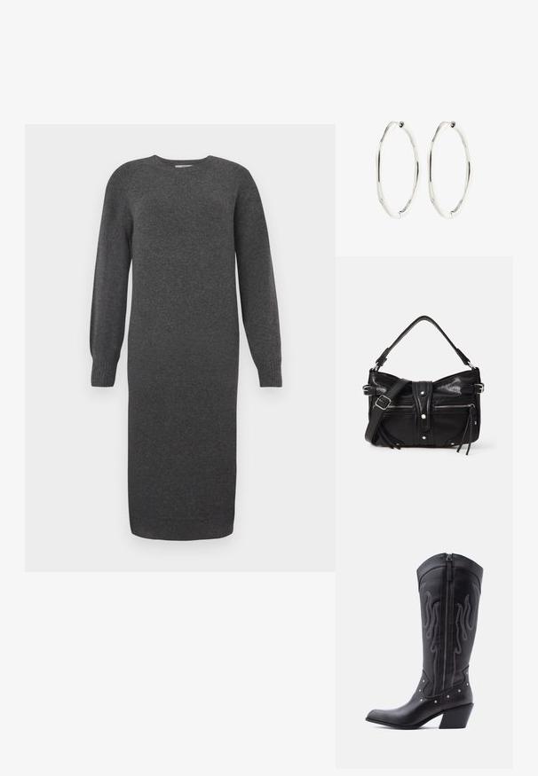 Robe tricotée gris foncé avec des manches longues, un col rond et des poignets côtelés. Longueur mi-mollet et texture lisse. Design simple sans motifs.; Bottes de cow-boy en cuir noir avec bout pointu, coutures apparentes, ornements à clous argentés et fermeture éclair sur le côté intérieur.; Even&Odd by Zalando H24462 - Sac à main - black; Paire de boucles d'oreilles ovales argentées avec une forme légèrement irrégulière et ondulée et des fermoirs à charnière sur fond blanc.