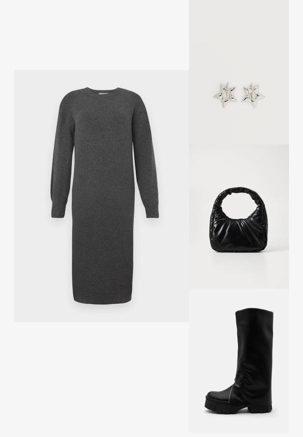 Vestido de punto gris oscuro con mangas largas, escote redondo y puños acanalados. Largo hasta la mitad de la pantorrilla y textura suave. Diseño sencillo sin patrones.; Bota alta de cuero negro con suela gruesa y estriada y cremallera que corre verticalmente a lo largo del costado frontal, sobre un fondo sencillo.; Bolso negro acolchado con un asa redondeada, que presenta una superficie lisa y brillante y una textura suave y acolchada. Sin herrajes ni acentos visibles.; Pendientes de aro plateados en forma de estrella con un acabado liso y pulido sobre un fondo blanco liso.