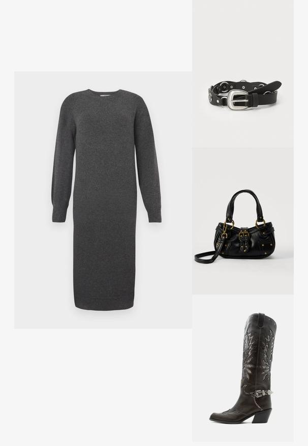 Vestido de punto gris oscuro con mangas largas, escote redondo y puños acanalados. Largo hasta la mitad de la pantorrilla y textura suave. Diseño sencillo sin patrones.; Bota cowboy de cuero negro con recortes decorativos, hebilla plateada y tacón inclinado, presentada sobre fondo blanco.; Bolso de cuero negro con hebilla y detalles de remaches dorados, asas cortas y una correa de hombro ajustable sobre un fondo blanco liso.; Cinturón de cuero negro con hebilla de metal plateado, acentos decorativos y herrajes circulares. Texturizado con un acabado suave y varios agujeros.