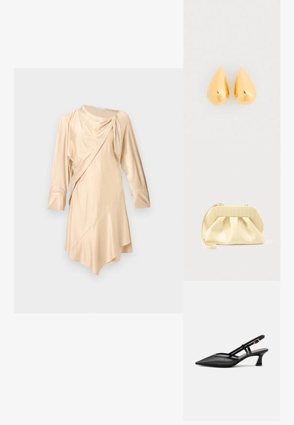 Rabanne Robe de soirée - skin nude; Chaussure slingback noire à bout pointu avec tige en mesh, fines brides, boucle dorée et petit talon incurvé sur fond blanc.; Pochette en cuir couleur crème avec un cadre supérieur structuré et une lanière pour poignet, présentée sur un fond clair uni.; Boucles d'oreilles en or en forme de goutte avec une surface lisse et polie et des fonds arrondis, reflétant la lumière avec une finition brillante.