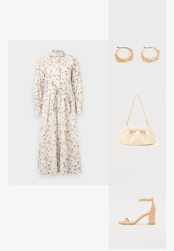 Robe longue boutonnée en tissu crème avec imprimé floral en rose, jaune et vert. Comprend une ceinture à la taille et des manches longues.; Sandales à talons en cuir verni nude avec un orteil carré, une sangle à la cheville et un talon bloc chunky. Texture lisse et détails de design minimalistes.; Sac à main en cuir couleur crème avec des plis froncés, des ferrures dorées, et une seule bandoulière fine sur un fond uni.; Paire de boucles d’oreilles créoles couleur or avec embossage floral et feuillage orné sur un fond neutre.