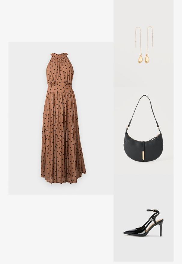 Robe longue marron sans manches à pois noirs, col halter avec détail nœud, taille cintrée et jupe plissée.; Escarpin en cuir verni noir à talon haut, avec un bout pointu, une bride réglable à la cheville et des côtés ouverts. Texture lisse.; Sac à main noir en forme de croissant avec une bandoulière unique, une fermeture éclair dorée et une languette décorative rectangulaire dorée à l'avant.; Boucles d'oreilles fines en fil d'or avec de fines chaînes et de petits pendentifs en or lisses, de forme irrégulière, suspendus aux extrémités.