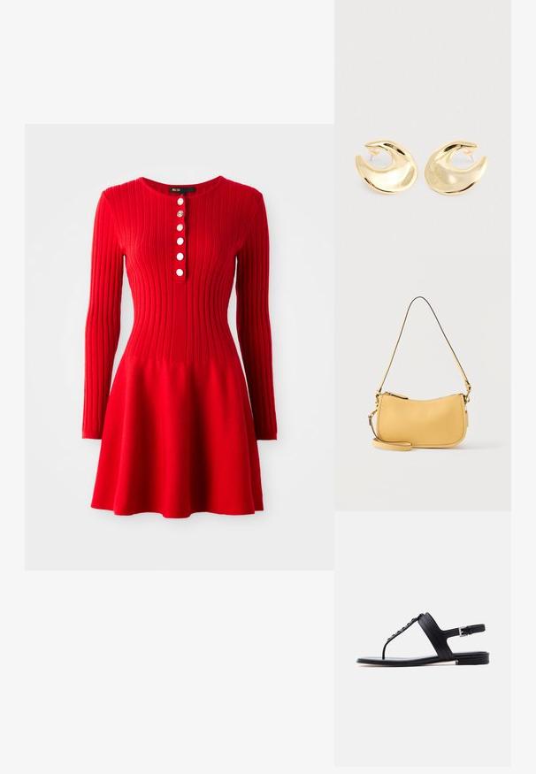 Robe en tricot côtelé rouge avec manches longues, corsage ajusté et jupe évasée. Présente un col rond et cinq boutons blancs à l'avant.; Sandale plate en cuir noir avec bride à boucle à la cheville et lanière en T ornée de petits clous métalliques, vue de côté sur fond blanc.; Sac à bandoulière en cuir jaune avec fermeture éclair incurvée en haut et bandoulière mince réglable, design minimaliste sur fond uni.; Une paire de boucles d'oreilles en forme de croissant dorées et brillantes, avec des supports en plastique transparent, sur une surface gris clair.