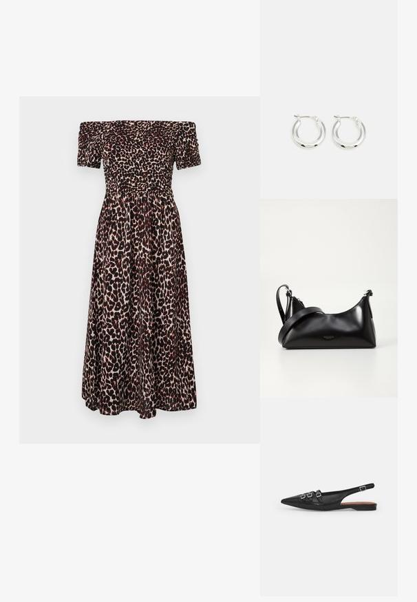 Vestido de leopardo con escote caído, que presenta un cuerpo fruncido, mangas cortas abullonadas y una falda fluida. Predomina los colores negro y marrón.; Zapato plano slingback de cuero negro con puntera puntiaguda, que presenta dos correas horizontales y hebillas plateadas cuadradas, tacón bajo y textura suave.; Bolso de mano de cuero negro con una textura suave. Cuenta con una correa ajustable y un diseño elegante y minimalista con cierre de cremallera.; Pendientes de aro de plata con un acabado pulido, que presentan una forma circular y un cierre de gancho. Textura suave con detalles mínimos.