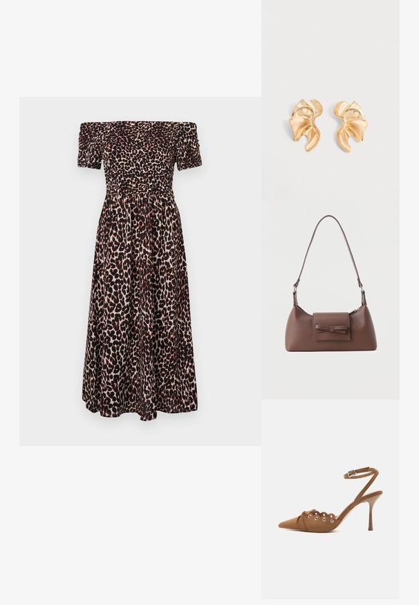 Vestido de leopardo con escote caído, que presenta un cuerpo fruncido, mangas cortas abullonadas y una falda fluida. Predomina los colores negro y marrón.; Salón de ante marrón con tacón alto, puntera puntiaguda, bordes festoneados, detalles de ojales plateados y correa al tobillo con hebilla.; Bolso bandolera de cuero marrón con un bolsillo frontal de solapa que presenta un detalle de moño cosido y una correa ajustable.; Par de pendientes metálicos dorados brillantes de forma abstracta con diseño curvo y fruncido sobre fondo gris claro.