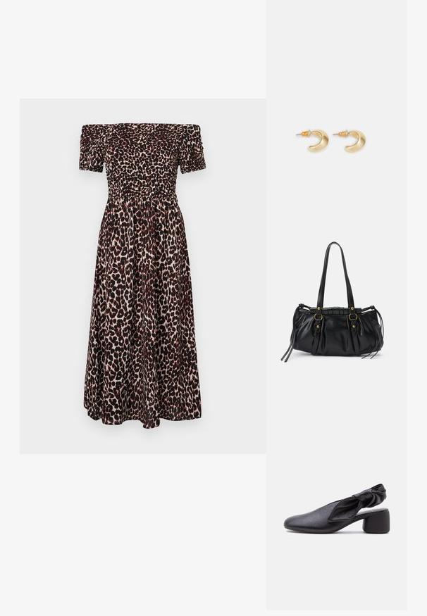 Off-shoulder, luipaardprint jurk met een gesmokt lijfje, korten pofmouwen en een vloeiende rok. Voornamelijk zwart en bruin.; Zwarte leren slingback met een afgeronde neus, een geknoopt banddetail en een lage blokhak op een witte achtergrond.; Zwarte leren handtas met een afgeronde vorm, dubbele handvatten, decoratieve hardware accenten en details met zijstrikken. Smooth, glanzende textuur.; Gouden halvmaanvormige oorbellen met een gladde afwerking, voorzien van oranje accenten bij de stekker en zilveren hardware.