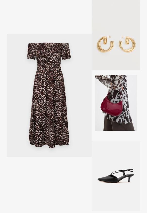 Vestido de leopardo con escote caído, que presenta un cuerpo fruncido, mangas cortas abullonadas y una falda fluida. Predomina los colores negro y marrón.; Zapato de piel negra con puntera puntiaguda y tacón kitten, con tira fina en el tobillo y hebilla, diseño slingback, sobre un fondo liso y claro.; Mujer con blusa de estampado en blanco y negro sosteniendo un bolso de hombro rojo brillante sobre un fondo liso.; Par de pendientes de aro doble brillante de oro con cierres de presión sobre un fondo blanco.
