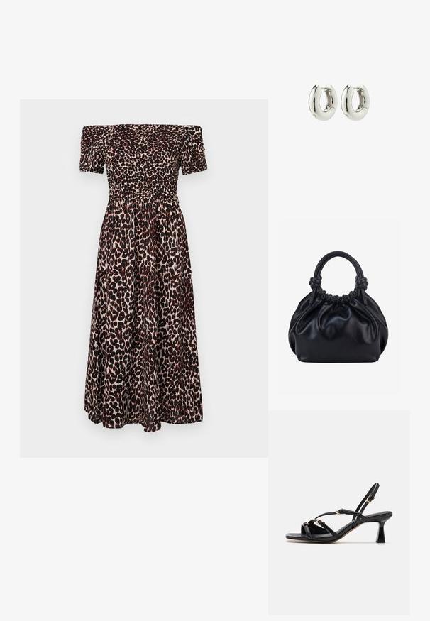 Vestido de leopardo con escote caído, que presenta un cuerpo fruncido, mangas cortas abullonadas y una falda fluida. Predomina los colores negro y marrón.; Call it Spring DIANAH - Sandalias - black; Bolso de mano de cuero negro suave con parte superior fruncida y dos asas gruesas atadas en nudos sobre un fondo claro y liso.; Pendientes de aro de plata con un diseño suave y redondeado y un acabado brillante. Presentan un cierre de bisagra sencillo para facilitar su uso.