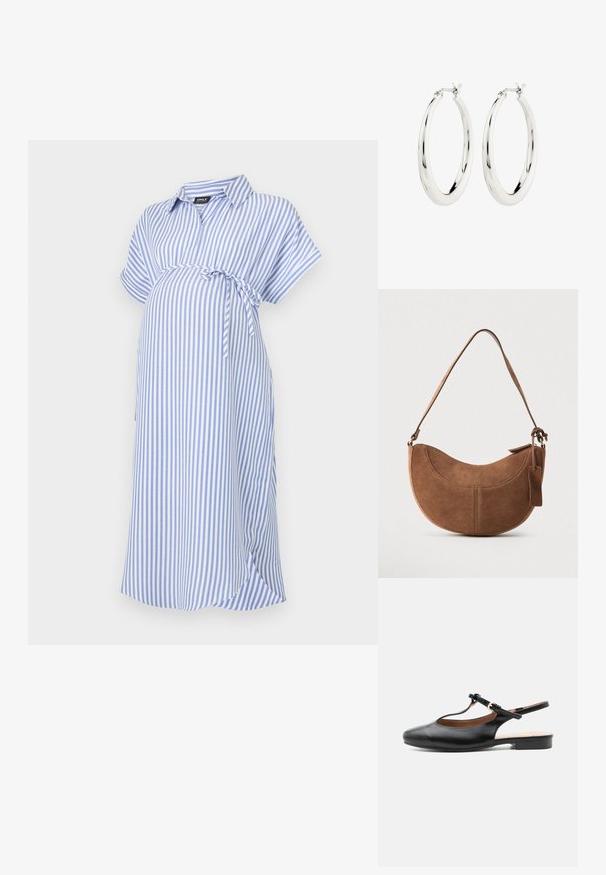 Vestido de maternidad a rayas azul y blanco, de mangas cortas, con cuello tipo polo, que cuenta con un lazo en la cintura, hecho de una tela suave con un corte relajado.; Zapato plano slingback de cuero negro con T-correa y hebilla dorada sobre fondo neutro.; Bolso de ante marrón con forma curva de media luna. Cuenta con una correa para el hombro, una pequeña etiqueta y costuras visibles a lo largo de los bordes.; Pendientes de aro de plata con un acabado suave y brillante. Forma circular, con un cierre seguro. Diseño sencillo y elegante.