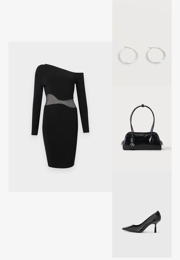 Μαύρο φόρεμα bodycon με έναν ώμο, μακρυά μανίκια και διαφανές δίχτυ στο ύψος της μέσης, μήκος μέχρι το γόνατο και στενή γραμμή.; Μαύρη παταέν δέρμα ψηλοτάκουνη γόβα με αιχμηρή μύτη, κομψό σχέδιο και λεπτό τακούνι στιλέτο, με ομαλή, γυαλιστερή υφή.; Μαύρη τσάντα χειρός από συνθετικό δέρμα κροκοδείλου με δύο μακριά χερούλια και μικρό λογότυπο Calvin Klein στο κέντρο μπροστά.; Ασημένια μεταλλικά σκουλαρίκια κρίκοι με λεία, ελαφρώς κυρτή επιφάνεια και κλειδαριά τύπου latch-back σε απλό λευκό φόντο.