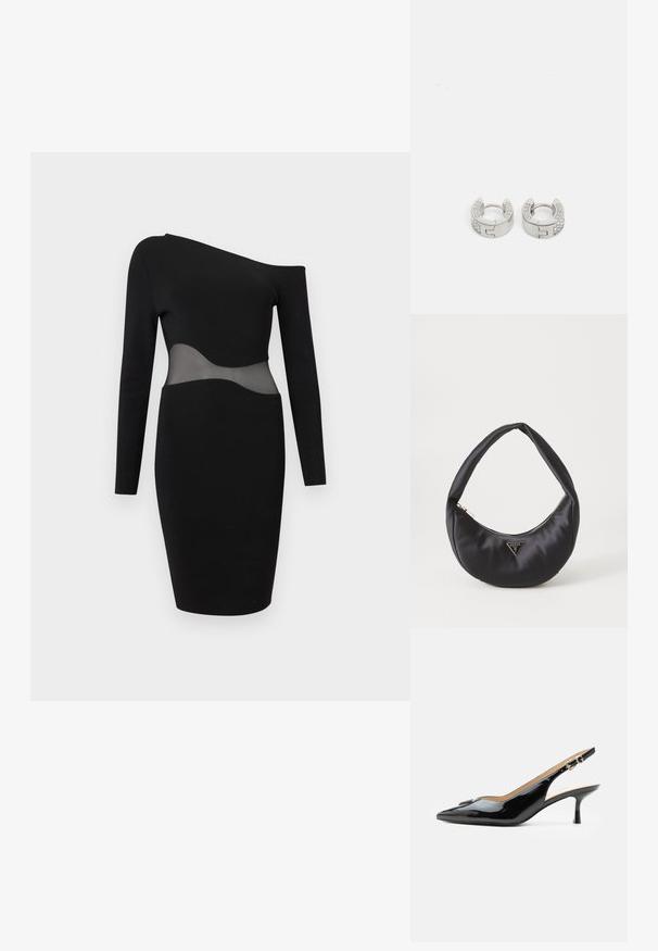 Μαύρο φόρεμα bodycon με έναν ώμο, μακρυά μανίκια και διαφανές δίχτυ στο ύψος της μέσης, μήκος μέχρι το γόνατο και στενή γραμμή.; Μαύρη λουστρίνι γόβα με λουράκι στο πίσω μέρος, μυτερή μύτη, μικρό τακούνι kitten και ασημένια αγκράφα σε απλό λευκό φόντο.; Μαύρη τσάντα χειρός από σατέν με καμπύλο σχήμα, διαθέτει φερμουάρ κλεισίματος και τριγωνικό μεταλλικό λογότυπο μπροστά. Λείο υφάνισμα και κομψός σχεδιασμός.; Guess STYLISH - Σκουλαρίκια - silver-coloured