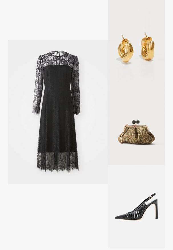 Schwarzes Spitzenkleid mit langen Ärmeln, tailliertem Oberteil und gefüttertem Blumenmuster. Mittellang mit gewelltem Saum und einem Schlüssellochausschnitt auf der Rückseite.; Schwarzer Slingback-Pumps mit hohem Absatz, spitzer Zehenpartie und ausgeschnittenen Lederriemen, mit einer goldenen Schnalle am Knöchelriemen.; Kleine Clutch mit goldenem und schwarzem geometrischem Muster, goldfarbenem Metallrahmen, schwarzem Kugelverschluss und kurzem goldfarbenem Kettenriemen.; Fette goldene Creolen mit einem leicht verdrehten, röhrenförmigen Design und Steckverschlüssen auf einem weißen Hintergrund.