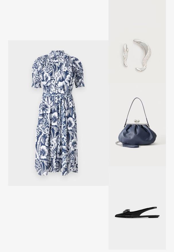 Floral jurk in marineblauw met witte hibiscus en bladerenpatronen. Heeft een hoge hals, pofmouwen en een gestrikt midden voor een verstelbare pasvorm.; Zwarte leren platte schoenen met spitse neus, een brede band en een ronde metalen gesp bovenaan.; Zachte navyblauwe leren handtas met zilveren sluiting, enkele schouderband en afneembare ketting polsband op witte achtergrond.; Twee gebogen zilveren oorbellen, de één groter dan de ander, beide versierd met kleine fonkelende kristallen langs één rand.