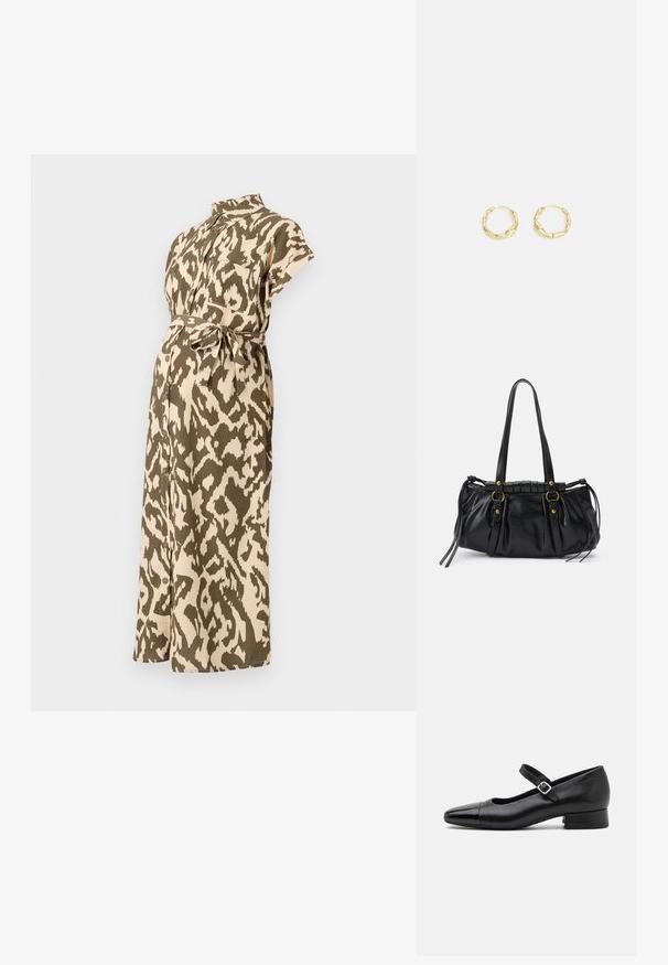Vestido de maternidad en un estampado animal en tonos beige y verde oliva, con mangas cortas, cuello, cintura ceñida con cinturón y cierre frontal de botones.; Zapatos Mary Jane de cuero negro con puntera de charol, correa de tobillo ajustable y tacón bajo. Textura suave y diseño elegante.; Bolso de mano de cuero negro con forma redondeada, asas dobles, acentos de hardware decorativo y detalles de lazo en los laterales. Textura lisa y brillante.; Pendientes de aro de oro con una superficie texturizada e irregular. Presentan un diseño ligero y una forma circular, aptos para el uso diario.