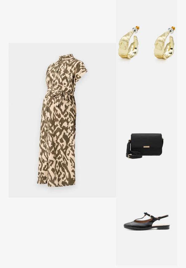 Schwangerschaftsbekleidung in einem braunen und olivgrünen Tierdruck, mit kurzen Ärmeln, einem Kragen, einer taillierten Taille und einer durchgehenden Knopfleiste.; Schwarzer flacher Lederslingback-Schuh mit T-Riemen und goldener Schnalle auf neutralem Hintergrund.; Schwarze Leder-Crossbody-Tasche mit Klappenverschluss, goldenen Beschlägen, verstellbarem Tragegurt und strukturiertem Material. Kompakte, rechteckige Form.; Goldfarbene Ohrringe in Form abstrakter Hände, mit einer glänzenden Oberfläche, filigranen Details und einem Silber- und Goldstift für sicheren Halt.