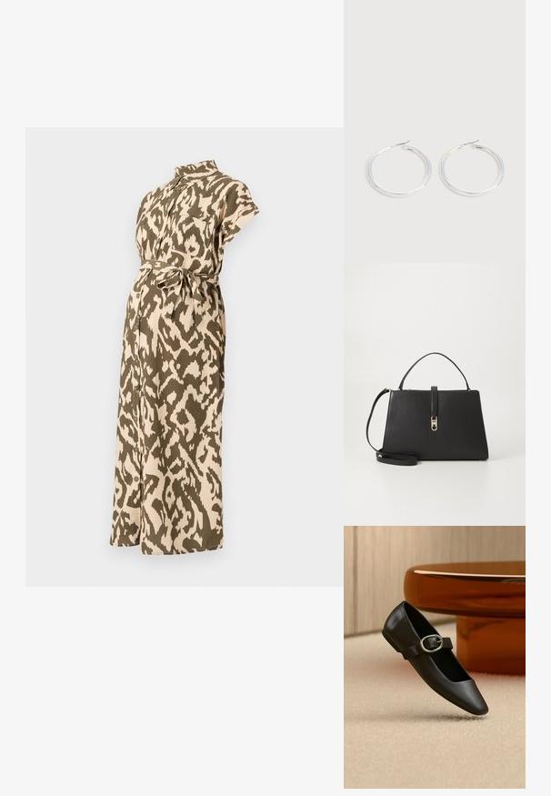 Vestido de maternidad en un estampado animal en tonos beige y verde oliva, con mangas cortas, cuello, cintura ceñida con cinturón y cierre frontal de botones.; Zapato plano Mary Jane de cuero negro con hebilla plateada, exhibido sobre una alfombra beige cerca de la base de una mesa redonda marrón.; Tommy Hilfiger TH LIBRE MED SATCHEL - Bolso de mano - black; Pareja de pendientes de aro plateados brillantes con cierres de alambre delgado, mostrados sobre un fondo gris claro.