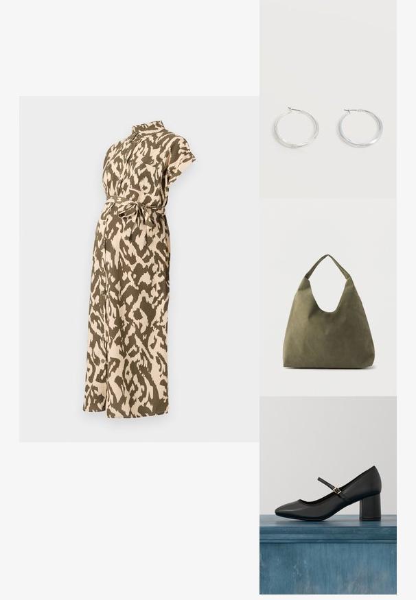 Schwangerschaftsbekleidung in einem braunen und olivgrünen Tierdruck, mit kurzen Ärmeln, einem Kragen, einer taillierten Taille und einer durchgehenden Knopfleiste.; Schwarze Mary-Jane-Schuhe mit Blockabsatz und goldener Schnallenriemen, die über einem glatten Betonboden in einer minimalistischen Innenanordnung schwebt.; Weiche Schultertasche aus olivgrünem Leder mit einem breiten, einzelnen Träger und einer entspannten, unstrukturierten Form auf hellem Hintergrund.; Silberne Metallcreolen mit glatter, leicht gebogener Oberfläche und Klappverschluss vor schlicht weißem Hintergrund.