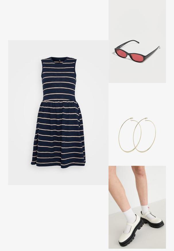 Marineblauwe mouwloze jurk met horizontale roomkleurige strepen, ronde halslijn en geplooide taille, met een uitlopende rok.; Witte patenten leren Mary Jane schoenen met een stevige zwarte zool, met een band over de wreef en gedragen met witte sokken.; Zwarte ovale zonnebril met slanke pootjes en rood getinte glazen, rustend op een witte ondergrond.; Pilgrim Oorbellen - gold-coloured