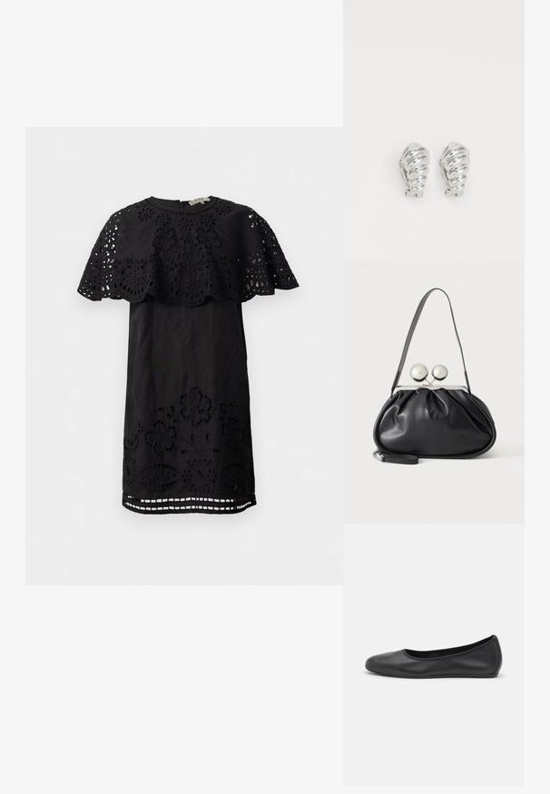 Schwarzes Kleid mit floralem Spitzeneinsatz an den Schultern und dem Saum, mit Cut-out-Details und Rundhalsausschnitt. Hergestellt aus leichter Stoffqualität.; Schwarze Leder-Ballettschuhe mit abgerundeter Spitze, glatter Textur, minimalen Nähdetails und einem flexiblen Sohlen-Design.; Schwarze Ledertasche mit gerafftem Design, einem einzelnen Riemen, silbernem Metallrahmen und zwei großen runden silbernen Verschlüssen.; Silberne Clip-On-Ohringe mit spiralförmigem Design, das eine glatte metallische Textur und abgerundete Formen aufweist. Keine sichtbaren Verzierungen oder Muster.