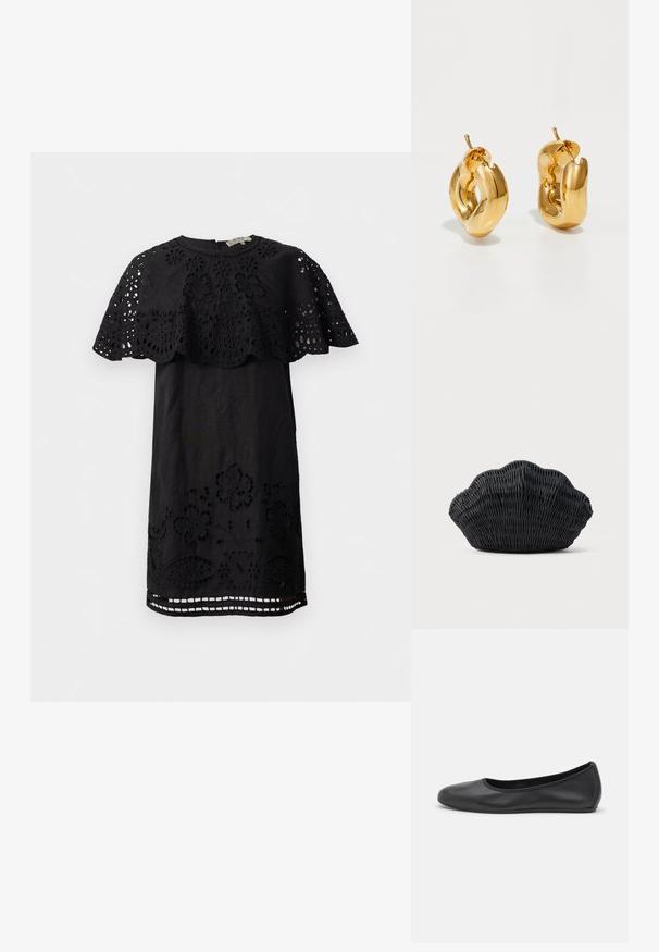 Schwarzes Kleid mit floralem Spitzeneinsatz an den Schultern und dem Saum, mit Cut-out-Details und Rundhalsausschnitt. Hergestellt aus leichter Stoffqualität.; Schwarze Leder-Ballettschuhe mit abgerundeter Spitze, glatter Textur, minimalen Nähdetails und einem flexiblen Sohlen-Design.; Schwarze Korbtasche in Muschelform mit gebogenem Oberteil und gewebter Textur auf einfarbigem Hintergrund.; Fette goldene Creolen mit einem leicht verdrehten, röhrenförmigen Design und Steckverschlüssen auf einem weißen Hintergrund.
