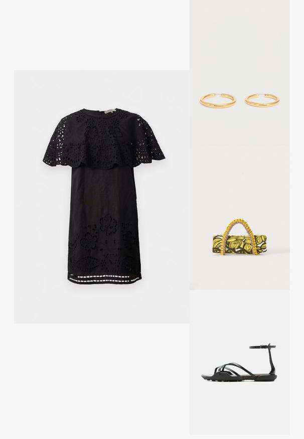 Schwarzes Kleid mit floralem Spitzeneinsatz an den Schultern und dem Saum, mit Cut-out-Details und Rundhalsausschnitt. Hergestellt aus leichter Stoffqualität.; Schwarze flache Sandale mit dünnen Riemen, die über die Zehen verlaufen, und einem Schnallenriemen am Knöchel, mit leicht strukturierter Sohle für besseren Halt.; Rechteckige Tasche mit gelbem und schwarzem Blumenmuster und geflochtenem gelb-pinkem Griff auf weißem Hintergrund.; Paar glänzende goldene Creolen mit dünnen Drahtverschluss auf schlichtem weißem Hintergrund.