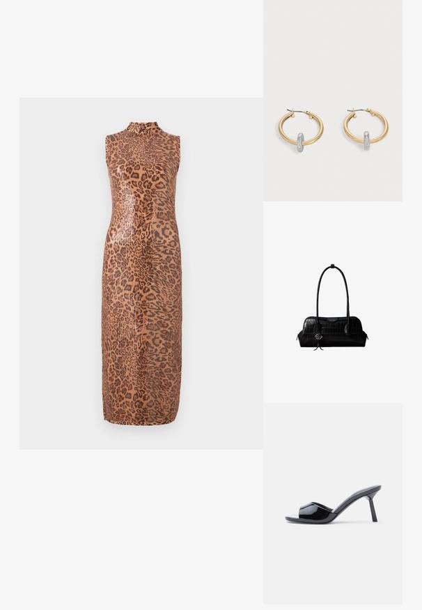 Vestido midi sin mangas con un patrón brillante de leopardo. Presenta un escote alto y una silueta ajustada. El material parece suave y texturizado.; Sandalias de tacón con punta abierta de charol negro, con un diseño superior curvado y tacón de aguja cónico. Acabado liso y brillante.; Bolso de hombro negro de cuero con textura de cocodrilo, con correas largas y un pequeño colgante de logo plateado en una correa.; Par de pendientes de aro en tono dorado con pequeño detalle de aro en tono plateado en cada uno, expuestos sobre un fondo gris claro.