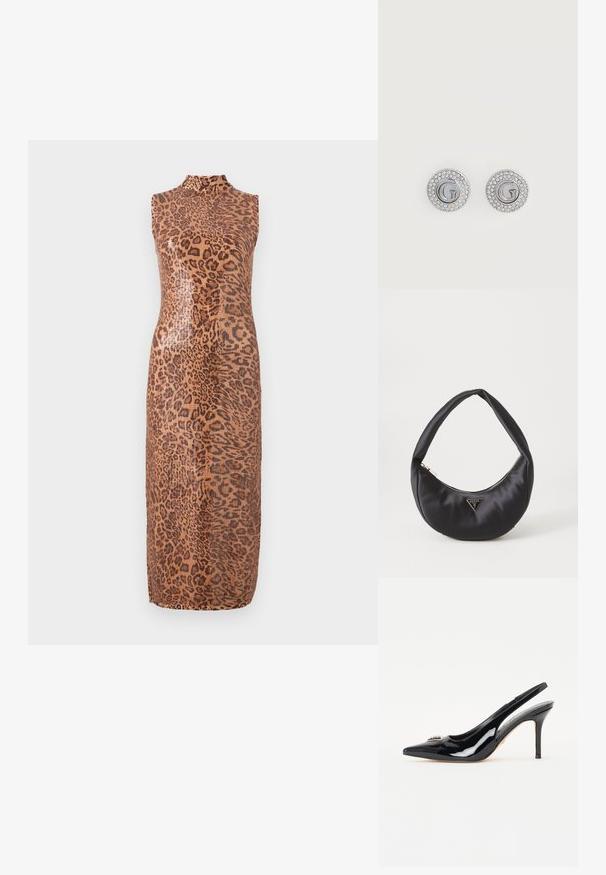 Ærmeløs midikjole i et skinnende leopardmønster. Har en høj hals og en tætsiddende silhuet. Materialet ser glat og tekstureret ud.; Sorte patenterede læderslingback hæle med spids tå, slank stiletto-hæl og dekorativ pynt på vampen.; Sort satin håndtaske med en buet form, der har en lynlåslukning og et trekantet logo i metal på forsiden. Glat tekstur og slankt design.; Runde sølv ørestikker med bogstavet G i midten, omgivet af to rækker små klare krystaller.