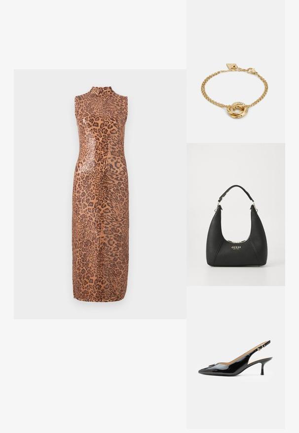 Ærmeløs midikjole i et skinnende leopardmønster. Har en høj hals og en tætsiddende silhuet. Materialet ser glat og tekstureret ud.; Sort patentlæder slingback hæl med spids tå, lille kitten hæl og sølvspænde på en ensartet hvid baggrund.; Sort læderhåndtaske med en pebberet tekstur, en buet form og hardware i guldfarve. Forsiden har et "GUESS" logo og lynlås lukning.; Guld kædearmbånd med sammenflettede cirkulære led, hvoraf et er prydet med klare ædelsten, og som har en lille trekantet charme og en hummerlås.