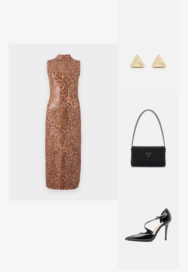 Vestido midi sin mangas con un patrón brillante de leopardo. Presenta un escote alto y una silueta ajustada. El material parece suave y texturizado.; Zapato de tacón alto de cuero de charol negro con punta puntiaguda y una fina correa en el tobillo que se abrocha con una pequeña hebilla.; Bolso de mano negro con perlas, con una superficie texturizada, que presenta una correa de cadena y una placa de logotipo triangular en la parte frontal. Forma rectangular compacta.; Guess PARTY - Pendientes - gold-coloured