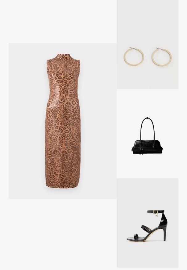 Vestido midi sin mangas con un patrón brillante de leopardo. Presenta un escote alto y una silueta ajustada. El material parece suave y texturizado.; Sandalia de charol negro con tres correas, hebilla en el tobillo y tacón de aguja de 10 cm. Presenta detalles de hardware en oro y un charm con el logo.; Bolso de hombro negro de cuero con textura de cocodrilo, con correas largas y un pequeño colgante de logo plateado en una correa.; Par de pendientes de aro de tamaño mediano con tono dorado y cierre de bisagra sobre un fondo claro y liso.