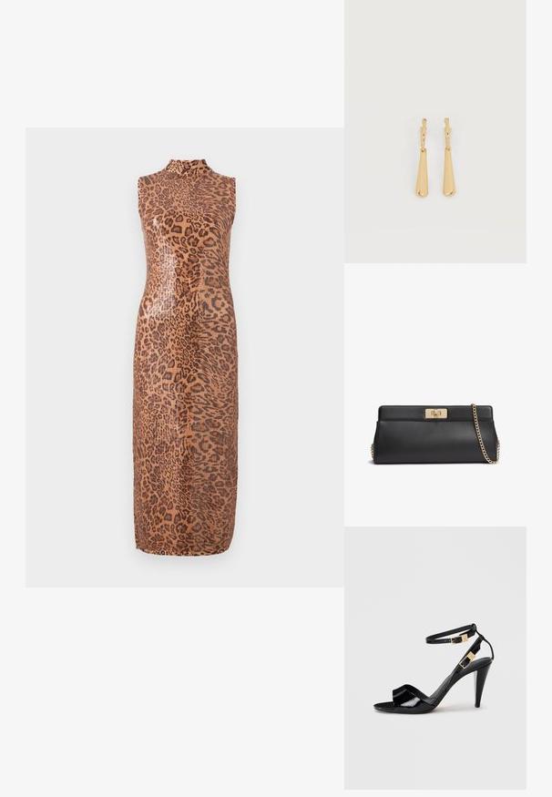 Vestido midi sin mangas con un patrón brillante de leopardo. Presenta un escote alto y una silueta ajustada. El material parece suave y texturizado.; Sандalia de tacón alto de charol negro con dobles correas en el tobillo y hebillas doradas, punta abierta y tacón delgado y afilado sobre un fondo neutro.; Bolso de mano de cuero negro con cierre de giro metálico en tono dorado y una correa de hombro a juego con cadena dorada.; Pendientes colgantes en tono dorado con colgantes alargados y suaves en forma de lágrima, colgando de cierres de aros pequeños sobre un fondo blanco.