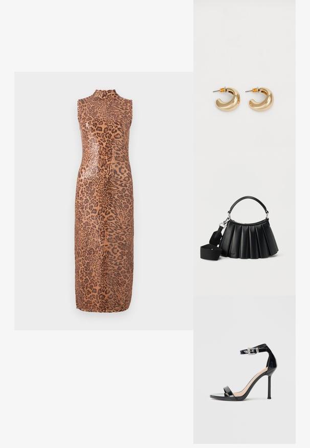 Ärmelloses Midi-Kleid mit glänzendem Leopardenmuster. Hat einen hohen Ausschnitt und eine taillierte Silhouette. Das Material wirkt glatt und strukturiert.; Schwarzer Riemchensandale aus Lackleder mit hohem Absatz und Knöchelriemen. Verfügt über ein minimalistisches Design, offene Zehenpartie und eine Schnalle mit Strassakzenten.; Schwarze, plissierte Lederhandtasche mit kurzem Griff und abnehmbarem, breitem Stoff-Schulterriemen vor weißem Hintergrund.; Zwei glänzende goldene Creolen in einem geschwungenen Design mit orangefarbenen Akzenten nahe dem Stecker, vor einem schlichten weißen Hintergrund.