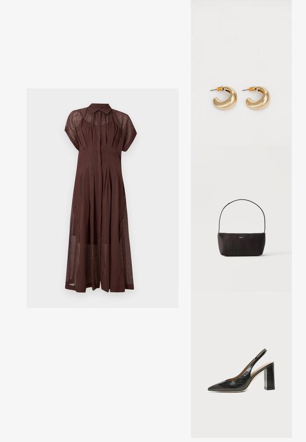 Robe longue marron semi-transparente à manches courtes avec plis, col pointu et patte de boutonnage dissimulée sur fond blanc.; Chaussure slingback en cuir noir à bout pointu avec un talon bloc haut et une doublure intérieure beige sur un fond clair uni.; Sac à main noir tissé texturé avec une seule bandoulière et un petit logo doré "BOSS" au centre devant.; Deux boucles d'oreilles en forme de cerceau en or brillant, avec un design courbé, présentant des accents orange près de la tige, sur fond blanc uni.