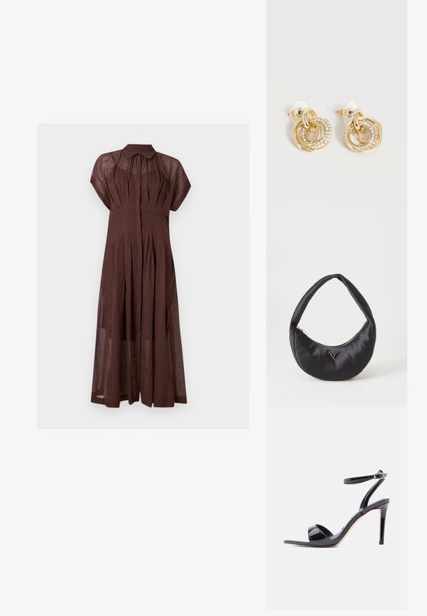 Robe longue marron semi-transparente à manches courtes avec plis, col pointu et patte de boutonnage dissimulée sur fond blanc.; Sandale à talon haut en cuir verni noir, à bout ouvert, avec bride à la cheville et fermeture à boucle, vue de profil sur fond blanc.; Sac à main en satin noir avec une forme courbée, doté d'une fermeture à glissière et d'un logo triangulaire en métal à l'avant. Texture lisse et design épuré.; Boucles d'oreilles ton or avec anneaux entrelacés, un anneau orné de petits cristaux clairs, fixé par des attaches transparentes.