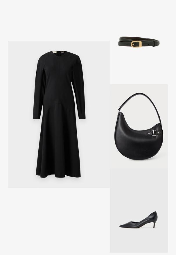 Robe midi noire à manches longues avec un haut ajusté et une jupe évasée, dotée d'un col rond et d'une fermeture éclair au dos.; Escarpin en cuir noir avec un bout pointu et un talon bas. Présente une texture lisse et un éclat subtil. Découpe ouverte à l'avant pour un détail supplémentaire.; Sac à main en cuir noir en forme de croissant avec une bandoulière unique réglable et un détail de boucle argentée sur le côté.; Ceinture en cuir noir avec une boucle dorée, présentant un design élégant et une texture lisse, adaptée à diverses tenues.