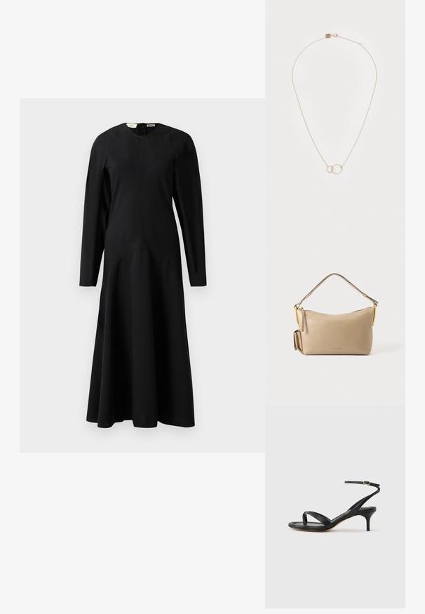 Robe midi noire à manches longues avec un haut ajusté et une jupe évasée, dotée d'un col rond et d'une fermeture éclair au dos.; Sandale pour femme en cuir noir avec fines lanières, une boucle d'orteil, une boucle à la cheville et un talon aiguille de hauteur moyenne sur un fond neutre.; Sac à main rectangulaire en cuir beige avec une seule bandoulière, des ferrures dorées et une petite poche latérale, marqué Marc Jacobs au centre devant.; Collier en doré avec une chaîne réglable, deux cercles entrelacés et un fermoir avec une petite étiquette. Texture lisse et design minimaliste.