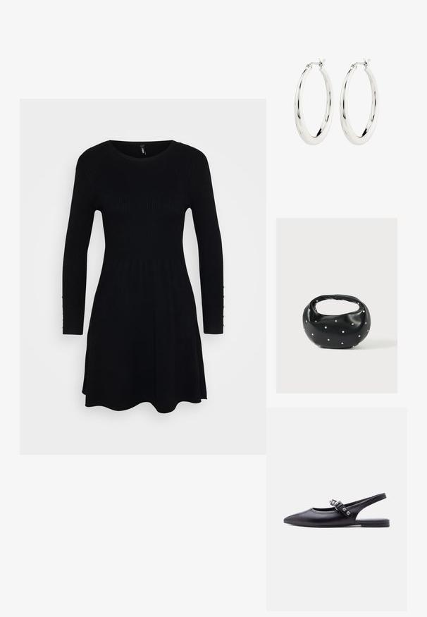 Vestido negro de canalé con mangas largas, escote redondeado y falda acampanada. Presenta botones a lo largo de los puños de las mangas para un detalle adicional.; Zapato plano tipo slingback de cuero negro con punta y correa decorativa con hebilla que presenta tres piedras preciosas transparentes.; Bolso de mano de cuero negro con forma redondeada, decorado con detalles de tachuelas plateadas y un asa corta. Textura lisa y cierre con cremallera.; Pendientes de aro de plata con un acabado suave y brillante. Forma circular, con un cierre seguro. Diseño sencillo y elegante.