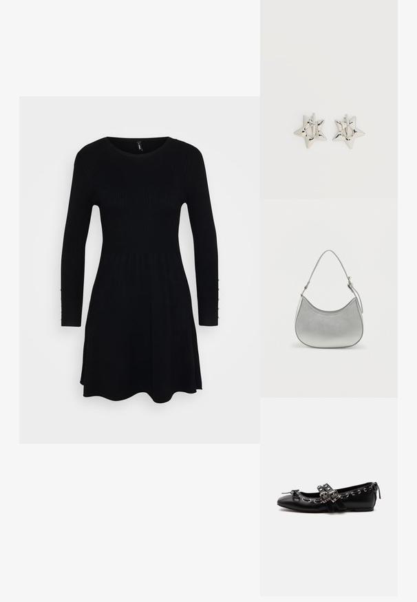 Vestido negro de canalé con mangas largas, escote redondeado y falda acampanada. Presenta botones a lo largo de los puños de las mangas para un detalle adicional.; Zapato de ballet plano negro con correas de doble hebilla, ojales plateados y un pequeño lazo cerca de la puntera redondeada sobre un fondo blanco.; Bolso de mano de imitación cuero plateado con forma curva, correa corta ajustable y textura suave, que presenta un detalle de costura minimalista.; Pendientes de aro plateados en forma de estrella con un acabado liso y pulido sobre un fondo blanco liso.