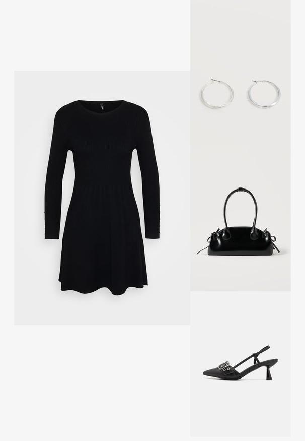 Robe noire à côtes avec des manches longues, un col rond et une jupe évasée. Comprend des boutons le long des poignets pour un détail supplémentaire.; Simmi London DALA - Escarpins - black; Petit sac à main noir brillant avec deux longues anses et des détails à cordon sur les côtés sur un fond clair uni.; Boucles d’oreilles créoles en métal argenté avec une surface lisse légèrement incurvée et des fermoirs à clapet sur un fond blanc uni.